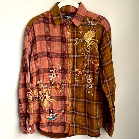 Johnny Was Varlese Multicolor Embroidered Plaid Oversized Shirt Size XS - Picture 2 of 13